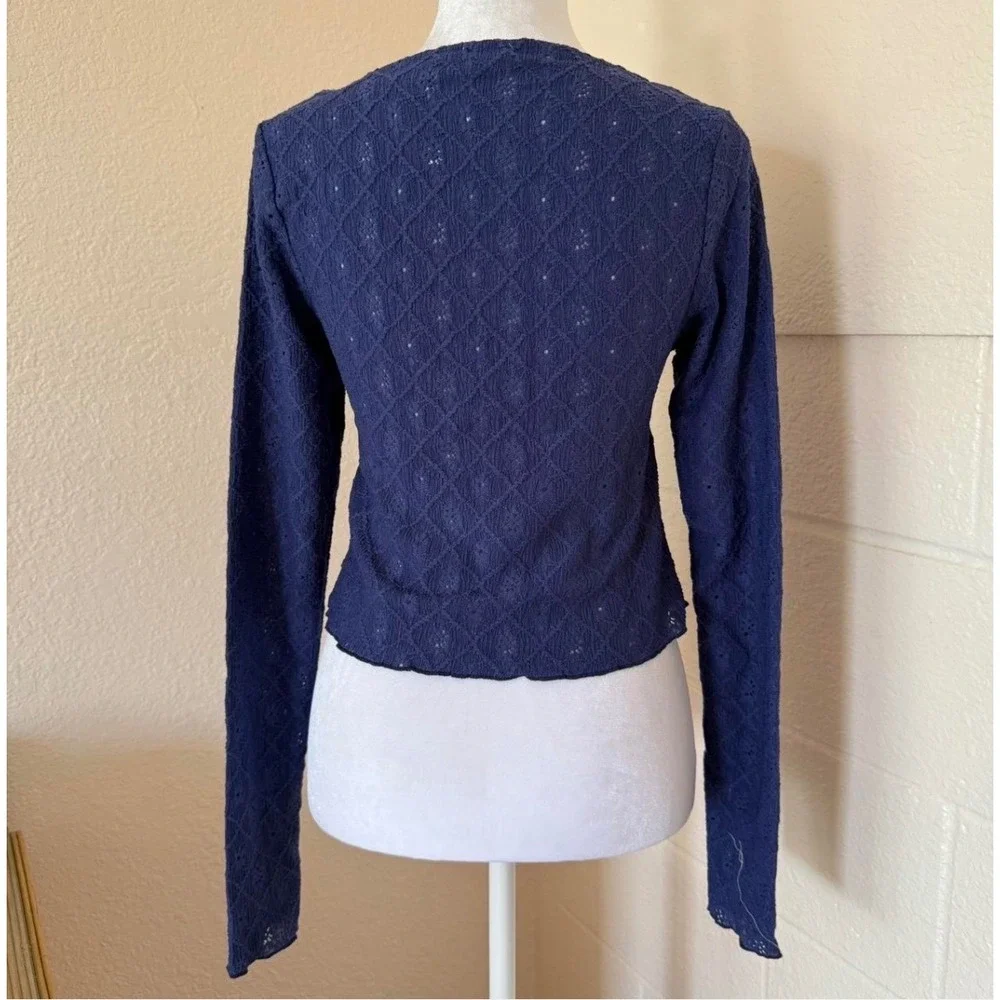 Cotton On Pointelle Tie Front Top Womens Small Navy Blue‎ Long Sleeve Fairycore